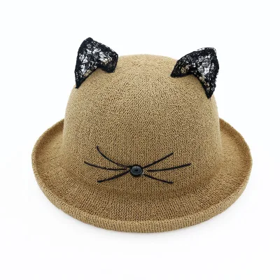 BINGYUANHAOXUAN шляпа летняя детская кошачьи уши уха украшения Симпатичные Пляжные шляпы для девочек и мальчиков шляпа солнца - Цвет: Khaki
