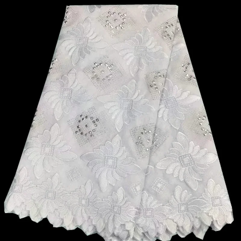 

Free shipping (5yards/pc) high quality white African voile lace fabric with neat embroidery and rivets for party dress CLS176