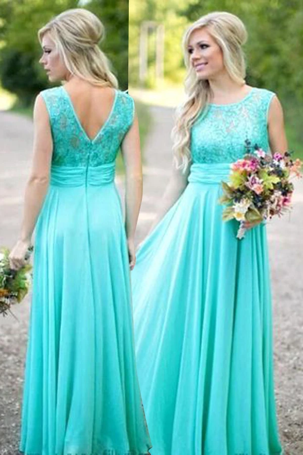 Modest Scoop A-line Long Blue Bridesmaid Dress