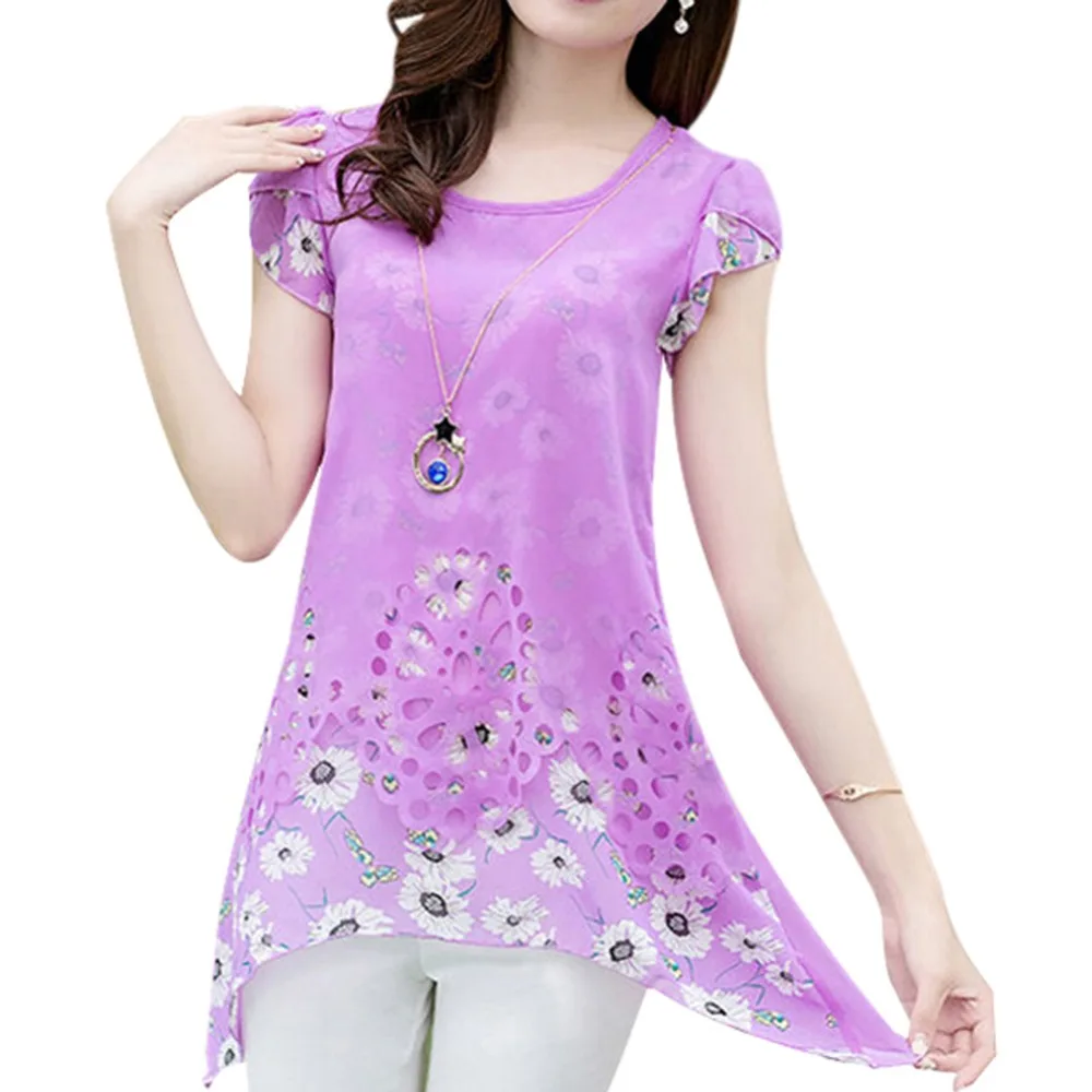 2017 Summer Women Floral Print Yarn Long Tops Asymmetric Hem Chiffon Blouse Tee Shirt Plus Size M-XXXL Blouses