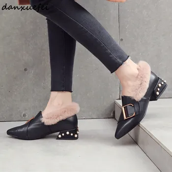

Women's genuine leather big metal buckle slip-on flats rabbit fur winter warm plush leisure espadrilles soft comfortable shoes