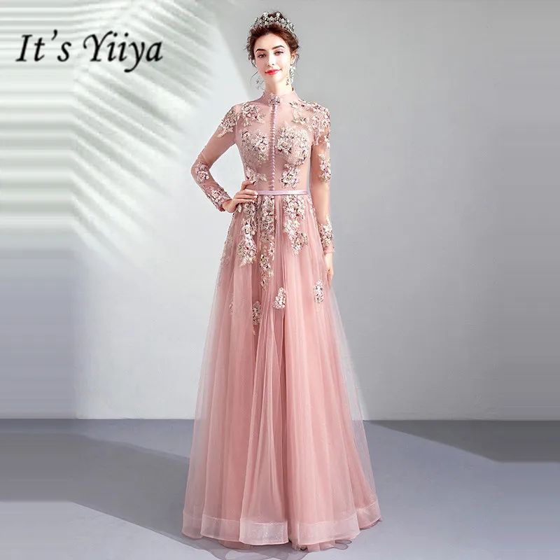 

It's YiiYa Prom Gowns Pink High Collar Full Sleeves A-Line Floor Length Long Party Dress Custom Plus Size Prom Dresses 2019 E276