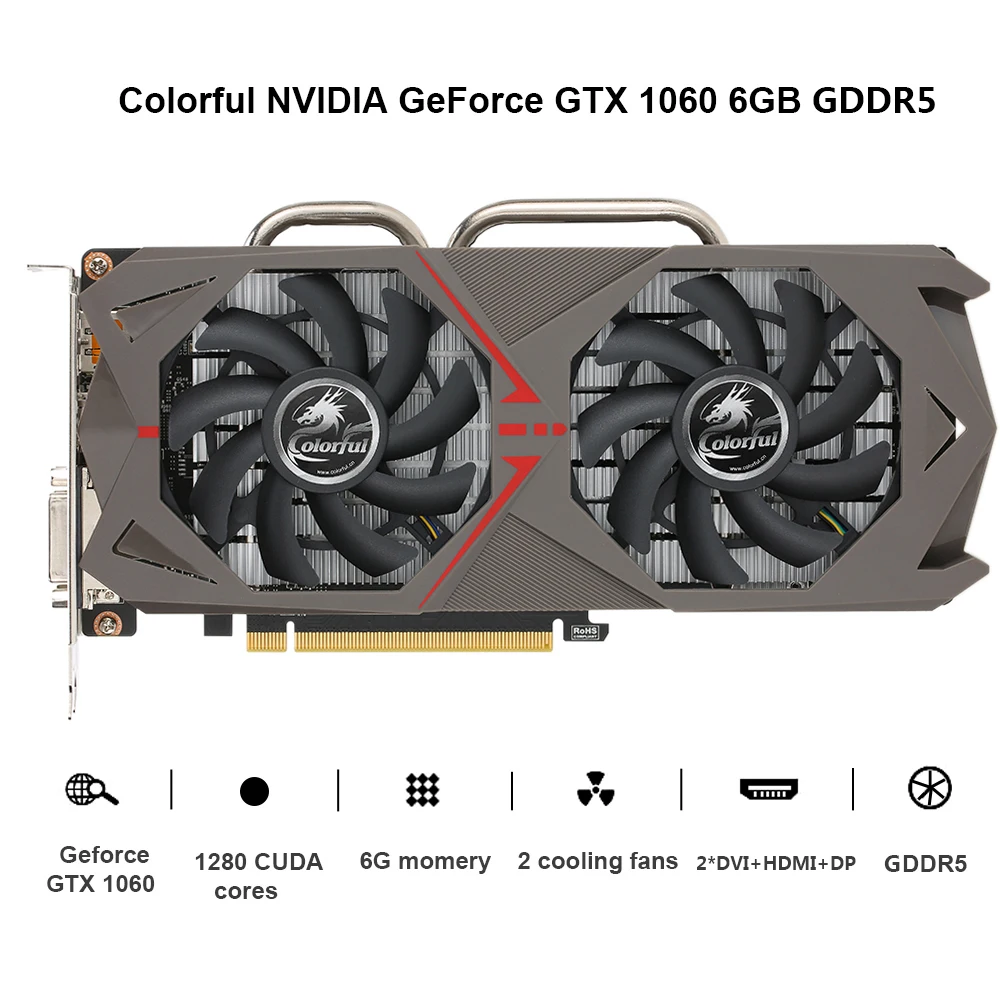 Красочная видеокарта GeForce GTX 1060 GPU 6GB 192bit Esport Gaming GDDR5 6144M PCI-E X16 3,0 VR Ready с 2 вентиляторами охлаждения