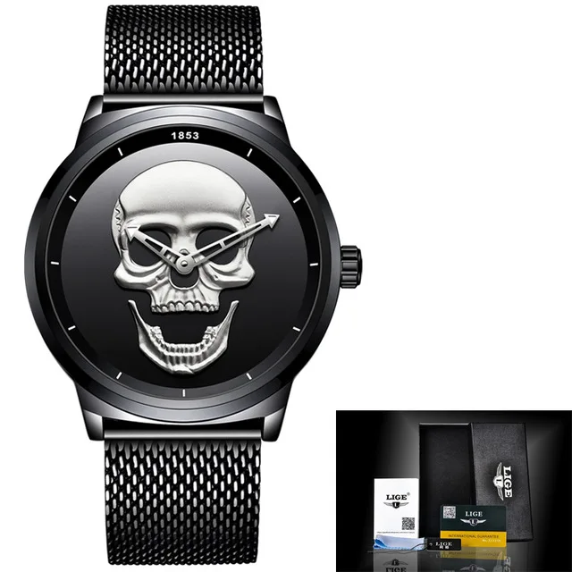 2022 Cool Punk 3D Skull Men Watch Brand LIGE Luxury Steel Quartz Men Watches Waterproof Retro Fashion Gold Black Clock Relogio 