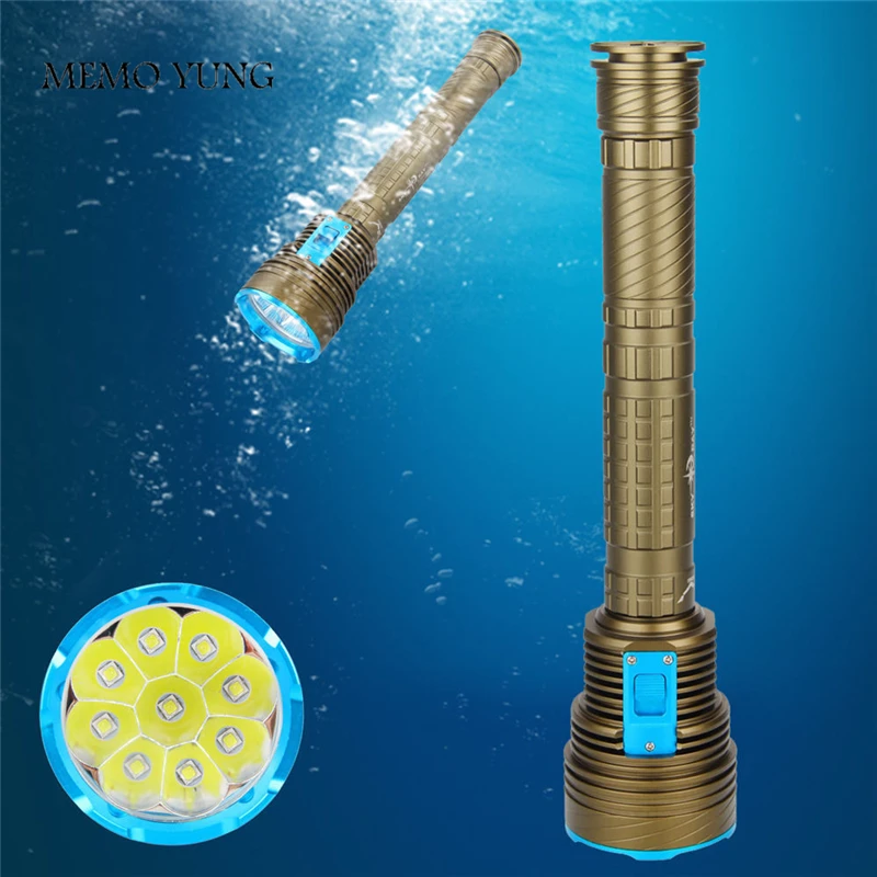 Kaufen Hohe leistungsfähige Lumen Led taschenlampe Tauchen Unterwasser 100 Mt Wasserdichte Taschenlampe 9 x CREE XM T6 LED Fackel Durch 3x18650 oder 26650 batterie