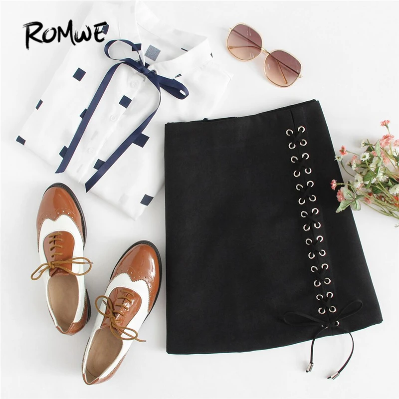 ROMWE Женская простая юбка со шнуровкой, осенние короткие женские юбки, новинка, модная черная трапециевидная повседневная юбка