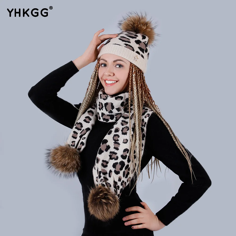 2018 Piece Scarf hat The leopard print Adult Winter Raccoon Fur Hats