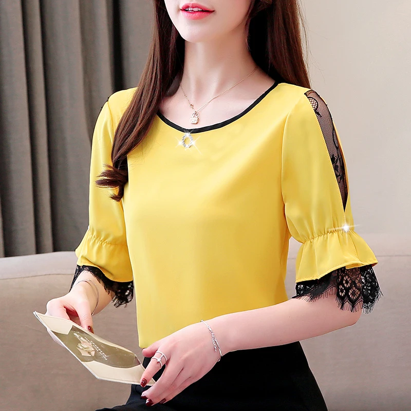

Korean Fashion Summer Chiffon Women Blouses Lace Short Sleeve Women Shirts Plus Size XXXL Blusas Femininas Elegante