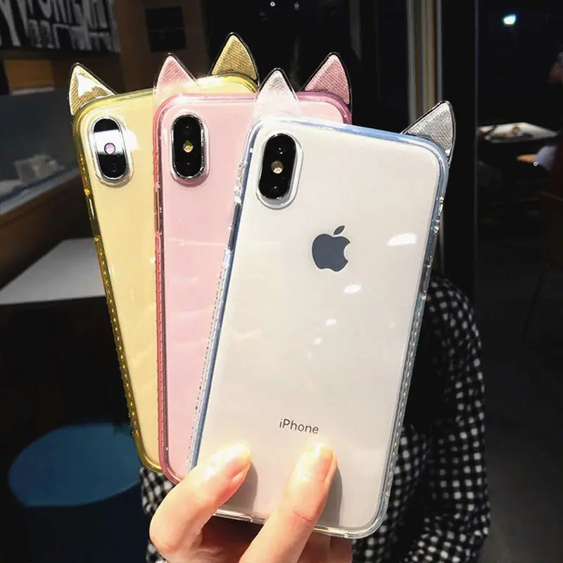 3D чехлы для телефонов с милыми кошачьими ушками и сияющими бриллиантами ярких цветов для iPhone X XS XR XS Max 6 6S 7 8 Plus, Прозрачная мягкая задняя крышка из ТПУ