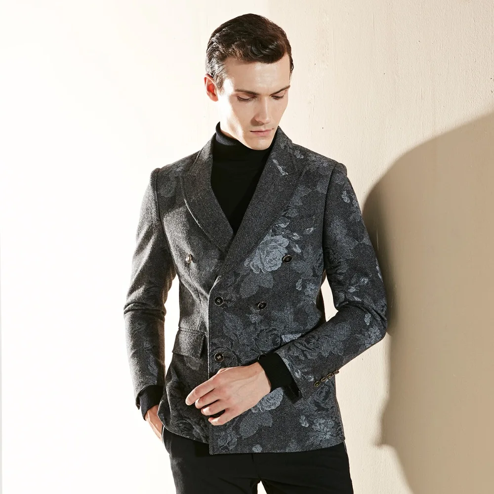 

65% wool men clothes 2018 autumn winter warm blazer men casual double breasted full sleeve printed flower wedding groom wear