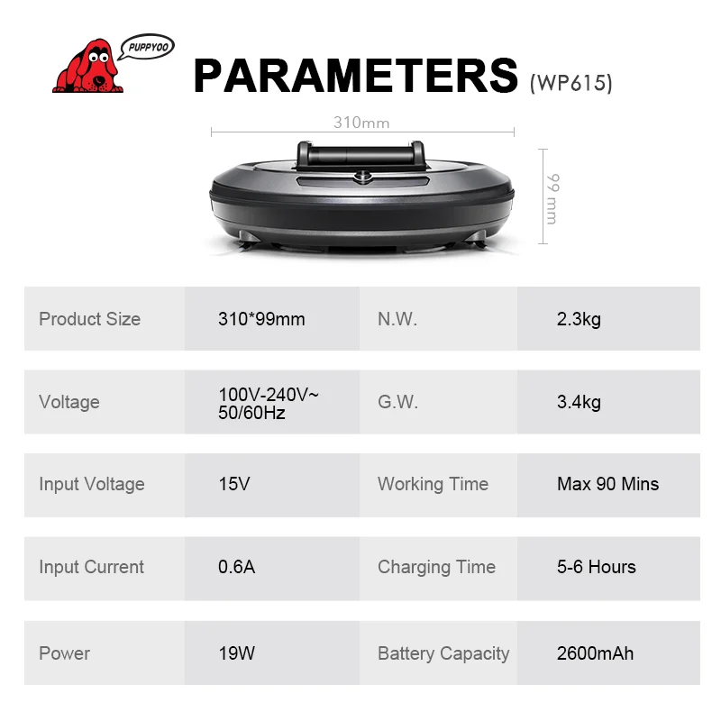 PUPPYOO Robotic Vacuum Cleaner Intelligent Multifunctional Collector Self-Charge and High Suction Power Side Brushes WP615