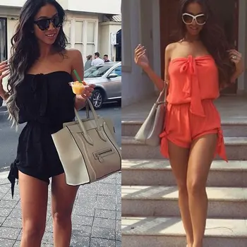 

Summer Women Sexy Jumpsuit Off Shoulder Lace-up Sleeveless Elastic Solid Color Casual Short Romper BMF88