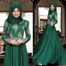 A Line Long Sleeves Lace Chiffon Long Hijab Muslim Evening Dress Turkish Arabic Formal Gown abendkleider robe de soiree