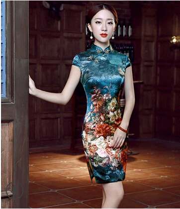 

Top grade luxury 2016 silk cheongsam summer vintage fashion short slim women summer clothing