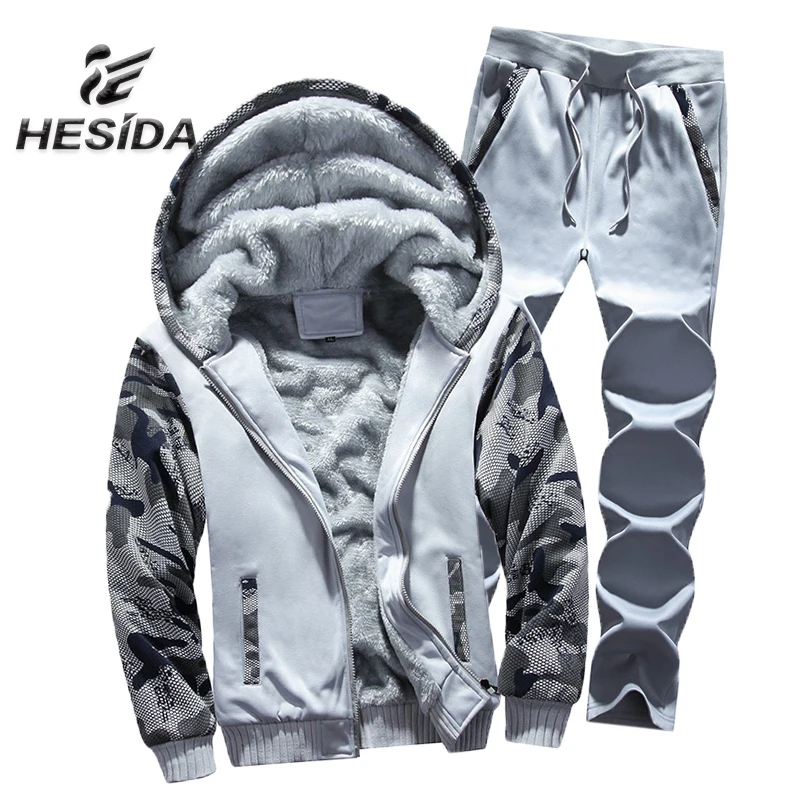 

Thick Warm Hoodie Men 2Piece Sweatshirt Running Set Sport Suit Brand Zipper Tracksuit Male Basic Jacket Fur Sweatpants Hood Coat
