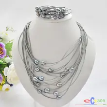 15 ряд 13 мм черный рис жемчуг серый кожаный ожерелье и браслет