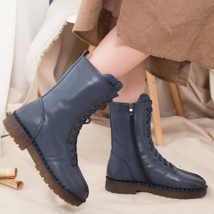 BELISS winter boots women 2018 fashion soft genuine leather warm wool snow boots platform woman mid calf waterproo (20)