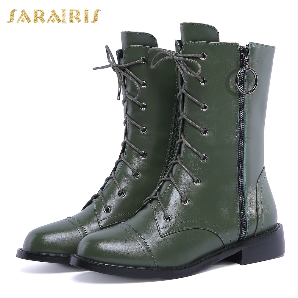 

SARAIRIS New Genuine Leather plus Size 33-40 Cow Leather Zip Up Boots Woman Shoes Women Chunky Heels Mid Calf Boots
