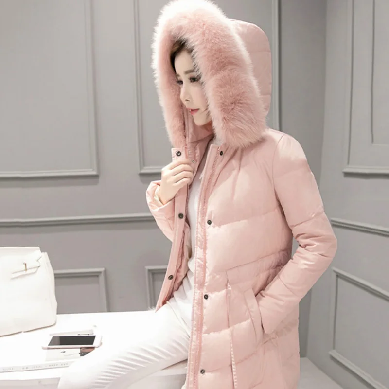 Большое меховое зимнее пальто, утолщенная парка, женское простроченное тонкое длинное зимнее пальто, пуховое хлопковое женское пуховое пальто, пуховик для женщин - Цвет: pink