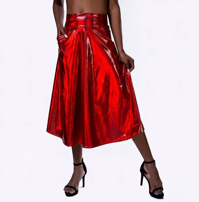 CUHAKCI Хай-стрит юбка карман Для женщин А-образного силуэта средней длины яркие и юбкой золотистого цвета с со складками больших размеров свободного кроя с эластичной резинкой широкий пояс танцевальная клубная одежда - Цвет: D158 Red