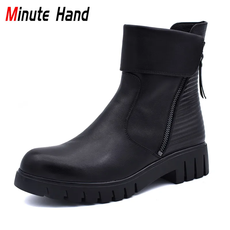 

Minute Hand Genuine Leather Ankle Boots Women Platform Low Heels Zipper On Both Sides Fashion Wedge Boots Winter Big Size 33-41