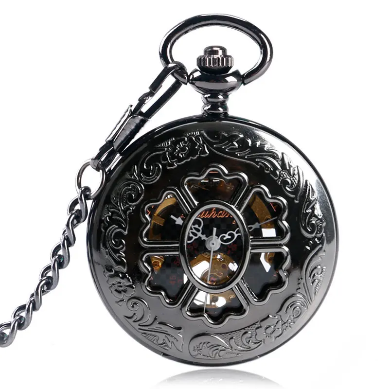 Черный скелет цветок Дизайн брелок часы стимпанк римские цифры карманные часы механические ручным подзаводом Для мужчин дамы подарок Relogios