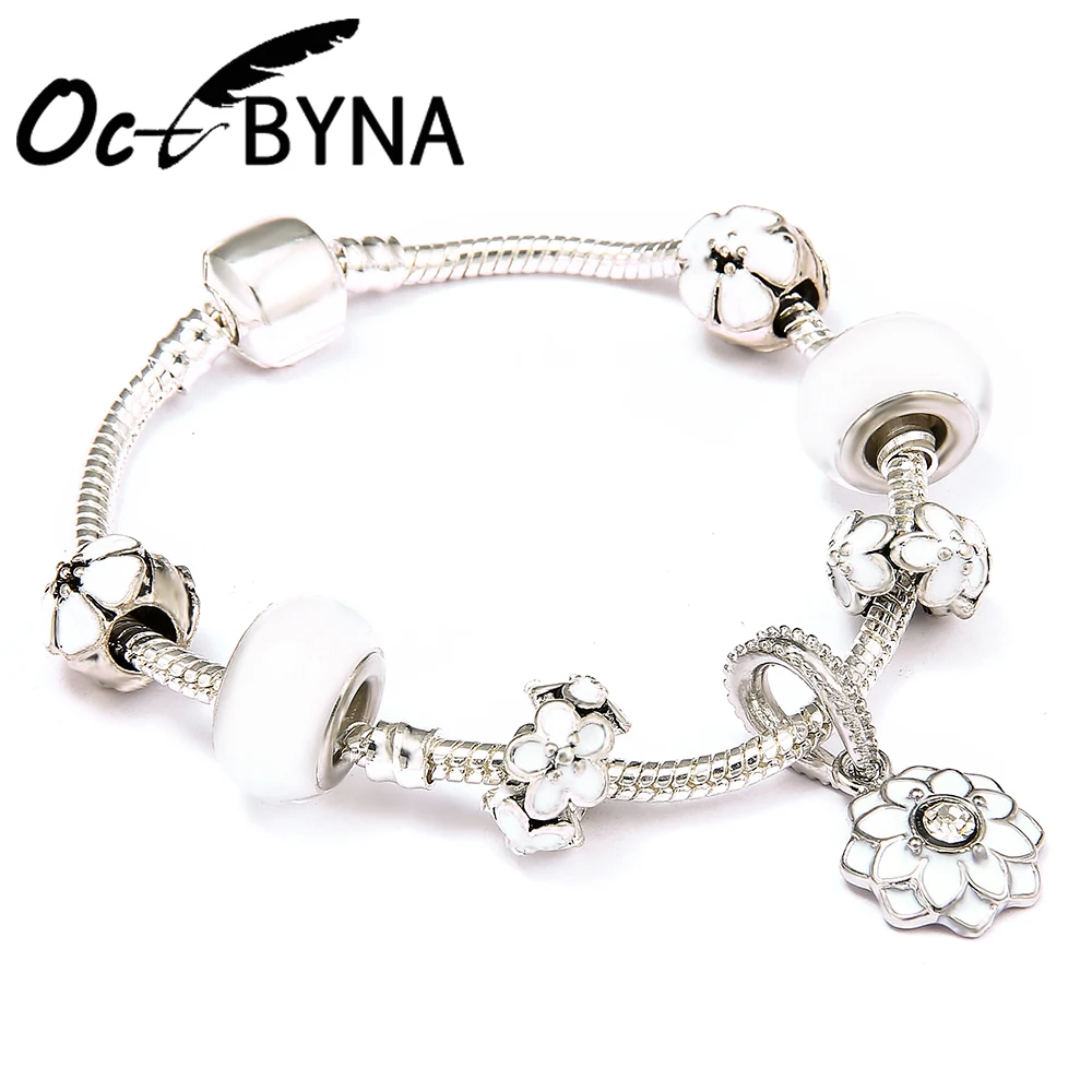 

Octbyna 2019 Fashion Unique Silver Plated Crystal Charm Bracelet For Women White Lotus Beads Fine Bracelets Bangle Jewelry
