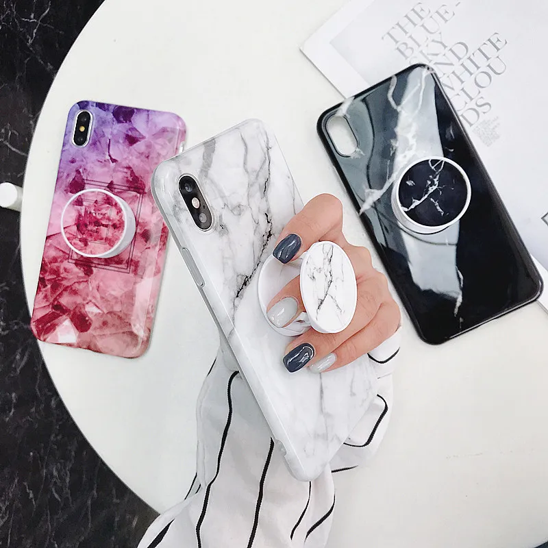 

Crystal Marble Stand Phone Case For iPhone XS MAX X XR Soft Silicone Grip Holder Jade Marble Back Cover For Iphone 6 6s 7 8 Plus