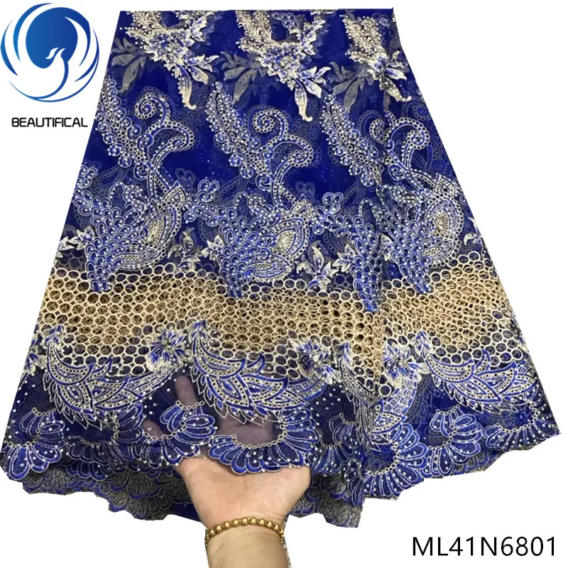

Beautifical nigerian fabrics net lace fabric with stones 2019 New exquisite nigerian tulle mesh lace stones 5yards ML41N68