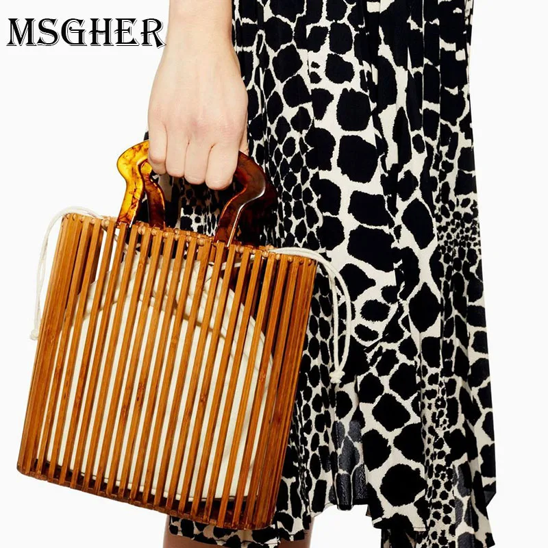 

MSGHER Summer Amber Acrylic Bags Wooden Bamboo Hand-made Basket Bags Holiday Bucket Beach Bag Fashion Design Women Composite Bag