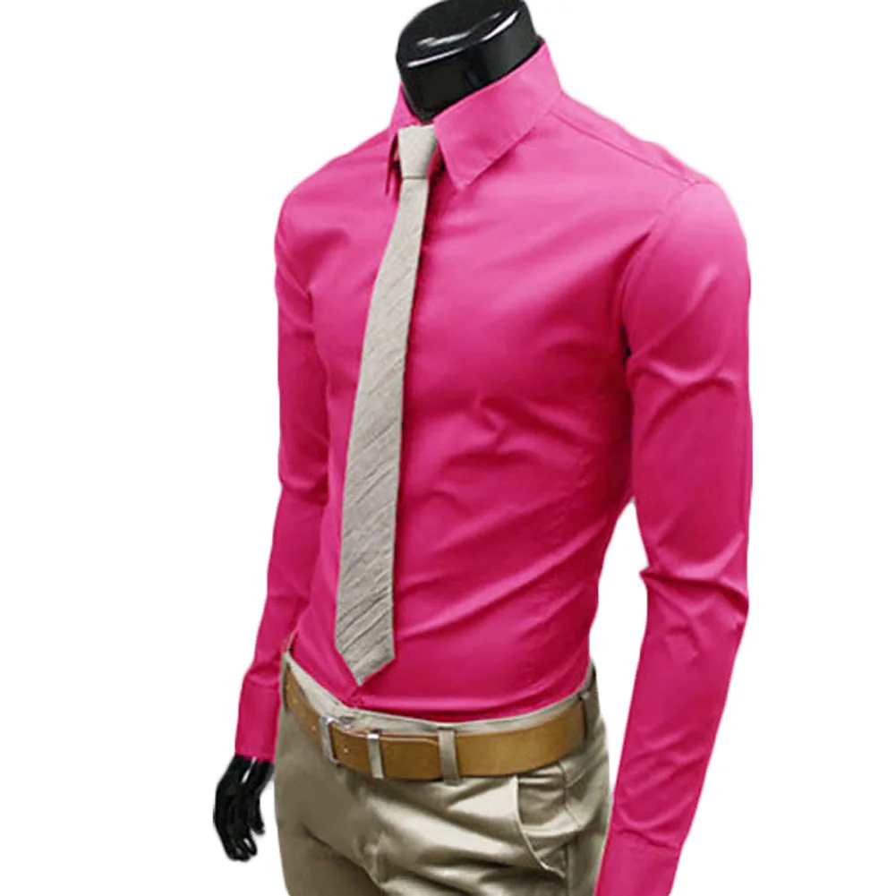 Модная мужская рубашка с длинным рукавом, хлопковая однотонная деловая приталенная рубашка с отложным воротником, одежда FS99 - Цвет: rose