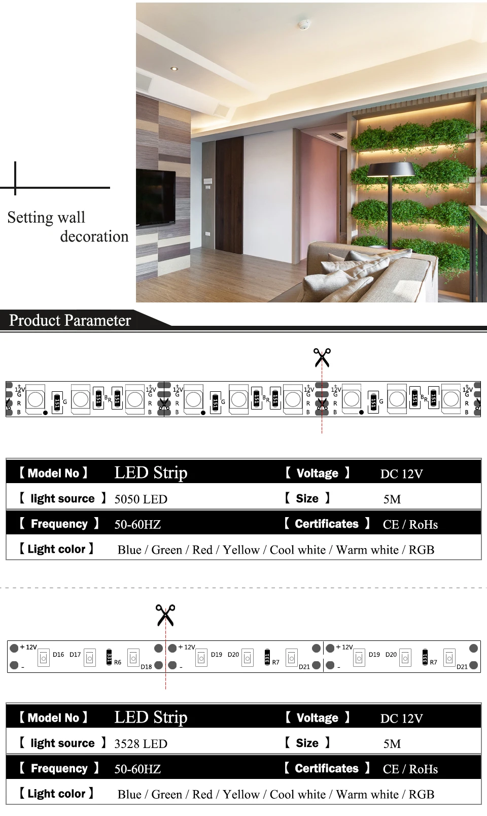 EnwYe 5M 300Leds waterproof RGB Led Strip Light 3528 5050 DC12V 60LedsM Fiexble Light Led Ribbon Tape Home Decoration Lamp_03