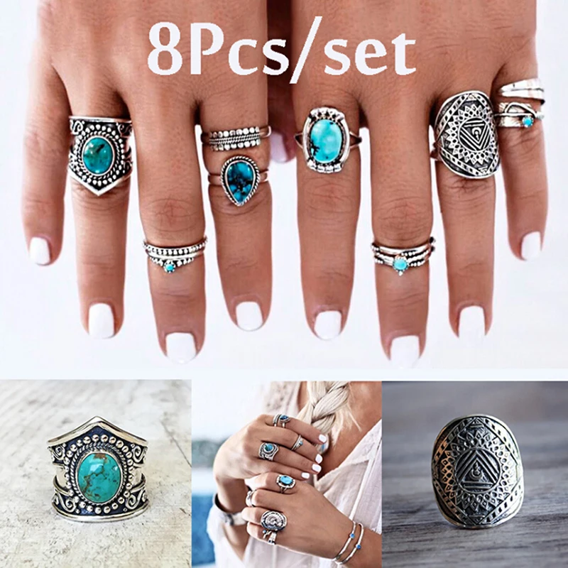 

8Pcs/Set Bohemian Vintage Silver Finger Rings Punk Ring for Women