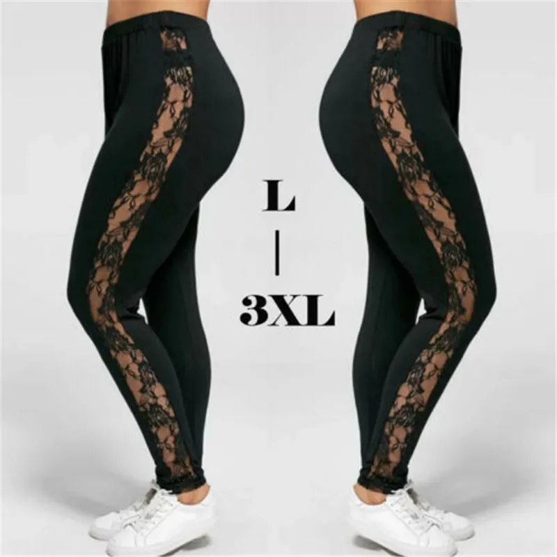 

Plus Size Sexy Women Holllow Out Lace Leggings Sexy High Waist Bandage Pants Insert Sheer Leggings Viscose Elastane