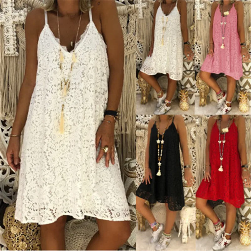 

Summer ladies sleeveless three-dimensional casual V-neck dress loose XL lace dress