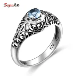 Szjinao Винтаж 100% Серебро 925 пробы Свадебные Обручение кольца для влюбленных для Для женщин австрийский Аквамарин оптовая продажа ювелирных