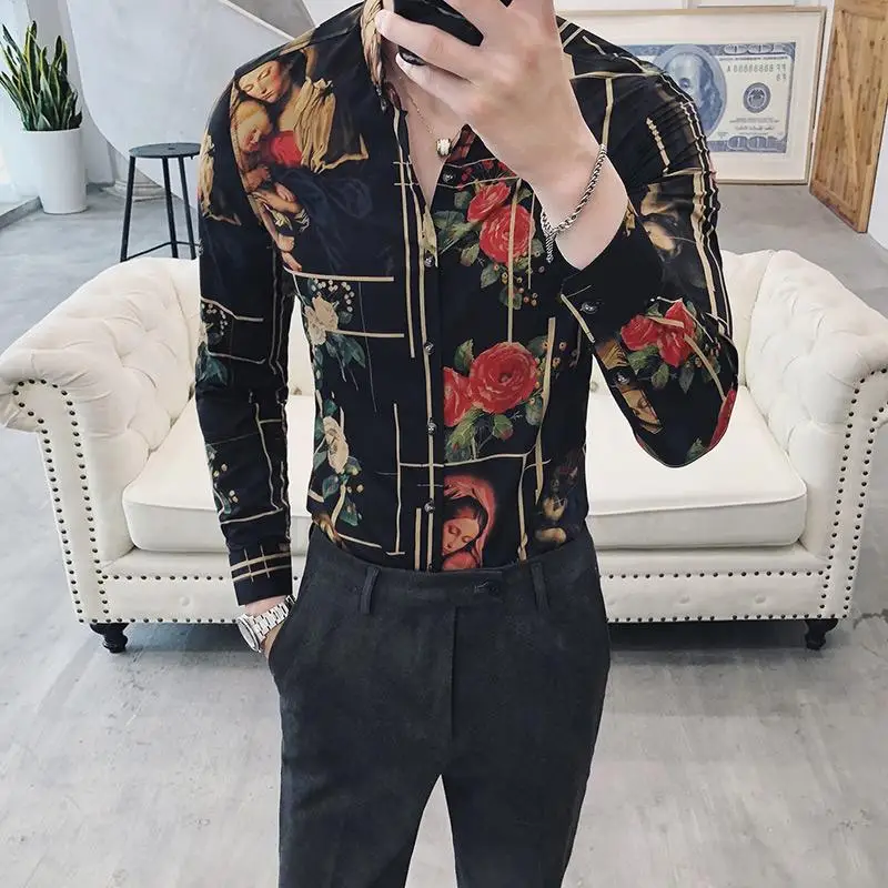 

Long sleeve Social Shirt Male Fashion print Party Flower Men Shirt British style Casual Blouse Men Slim Fit