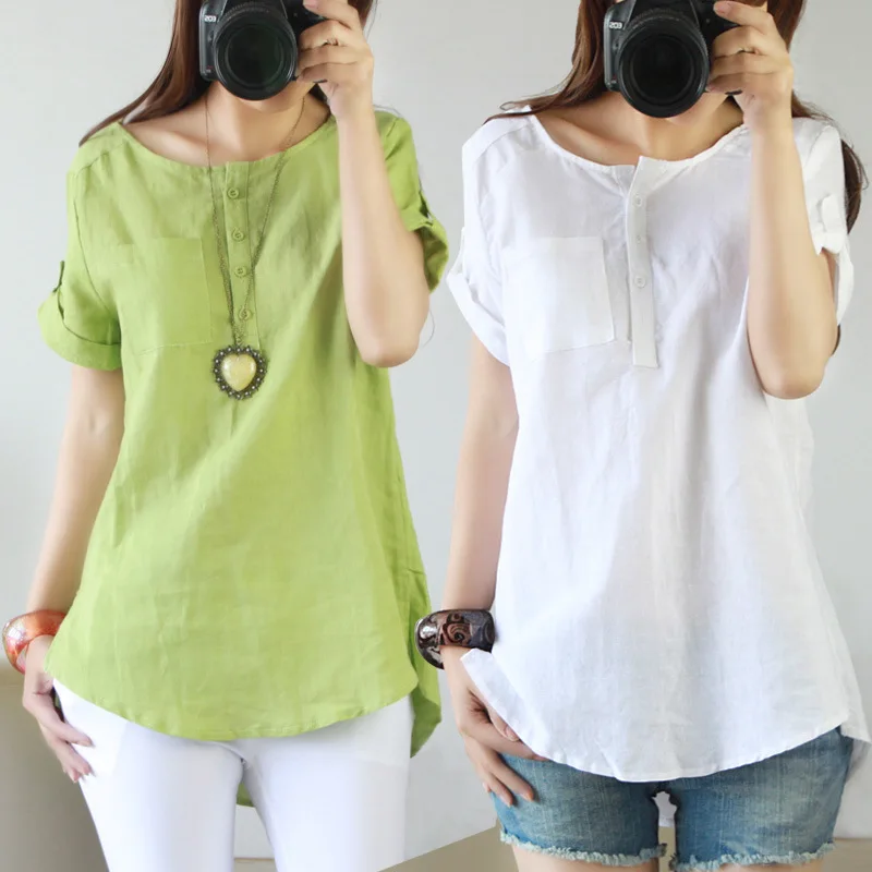 Short sleeve O neck Linen Cotton Blouses Women Loose Casual Shirt Solid