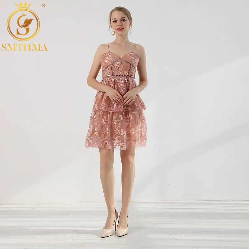 

High quality Luxury Design Runway Summer Dress pink Embroidered sequins Strap Lace dress women Mesh mini dress