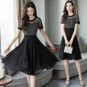 

Big Size Waist Was Thin Summer Dress Mesh Patchwork Striped Midi Dress Temperament Wild Dress Elegant Fashion Vestido De Festa