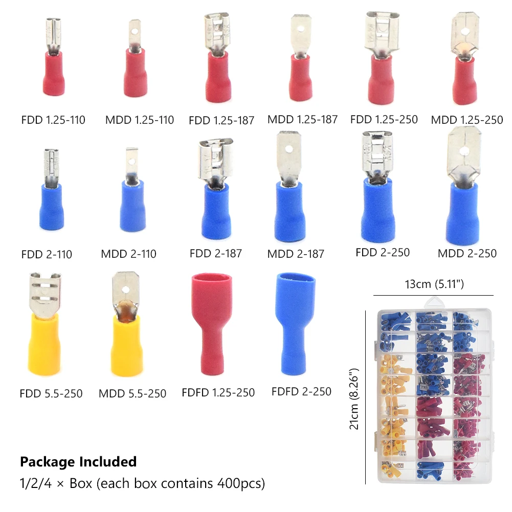 

Female male Insulated Spade Electrical Connector Crimp Terminal Connectors Cable Wire Connector Audio Wiring Butt 400Pcs/Box