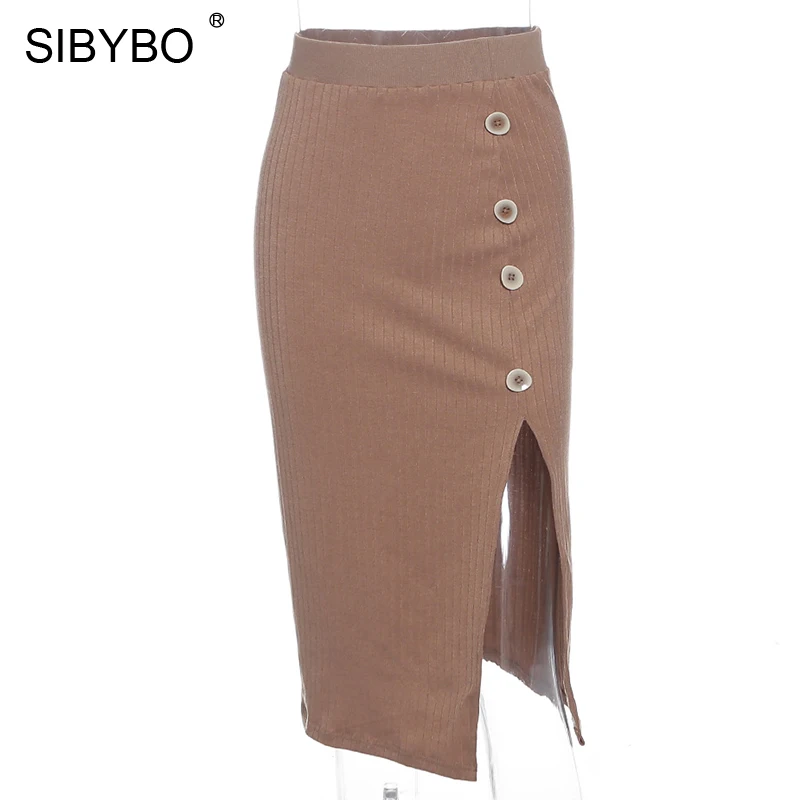 SIBYBO сексуальные женские юбки в рубчик с разрезом сбоку, модная женская летняя юбка с высокой талией, женские пуговицы для юбки, однотонная повседневная женская юбка