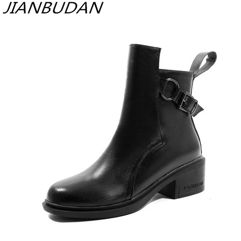 

JIANBUDAN Women's pu leather autumn ankle boots Suede winter plush casual warm boots fashion High heel motorcycle boots women's