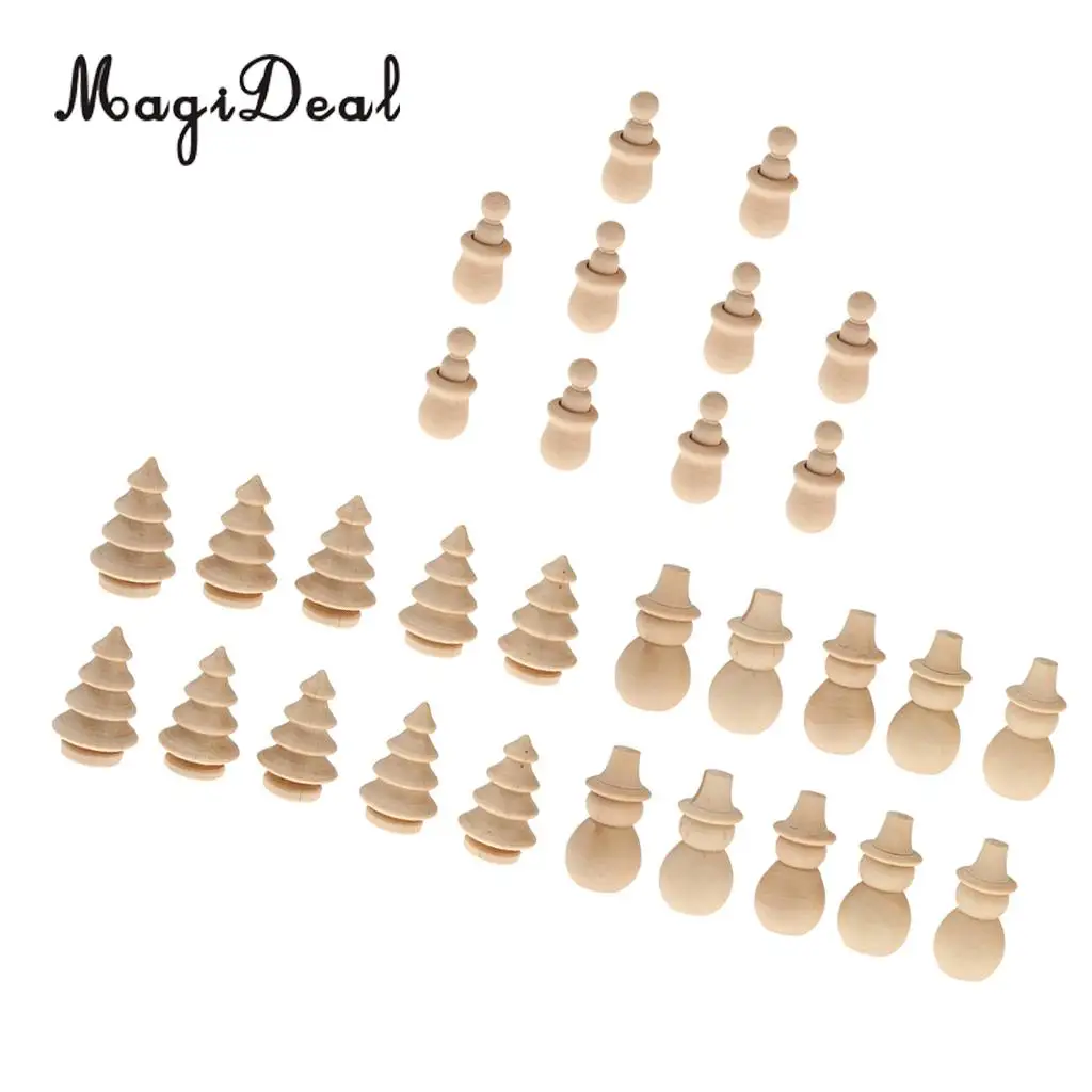 30 Pieces Assorted Blank Christmas Tree Snowman People Nest Wooden Peg Dolls Crafts DIY Montessori Toys Wedding Cake Toppers