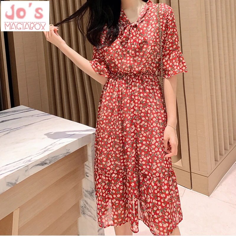 

Summer Chiffon Print Korean Women Dress Mid-Calf Bow Flare Sleeve Office Vintage Sweet Party A-Line Dress Vestidos Cute Clothing