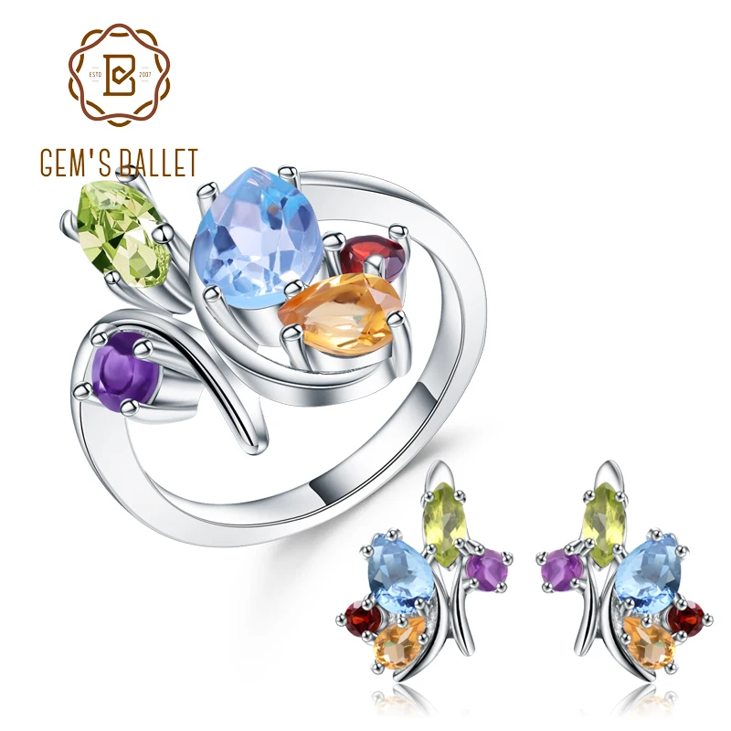 

GEM'S BALLET Multicolor Natural Gemstone Topaz Garnet Amethyst Ring Earrings Set 925 Sterling Silver Jewelry Set For Women
