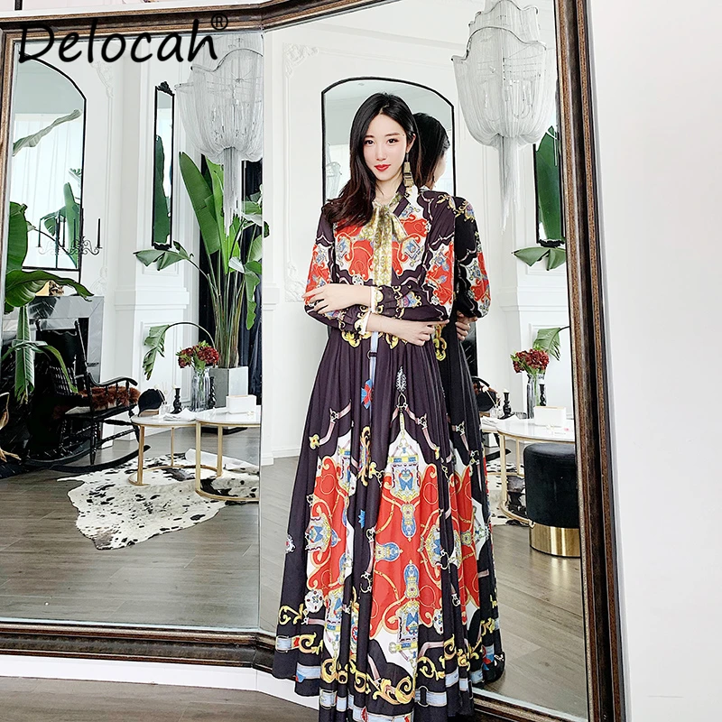 

Delocah Women Spring Summer Dress Runway Fashion Designer Sexy V-Neck Simple Bow Vintage Printed Elegant Slim Vacation Dresses