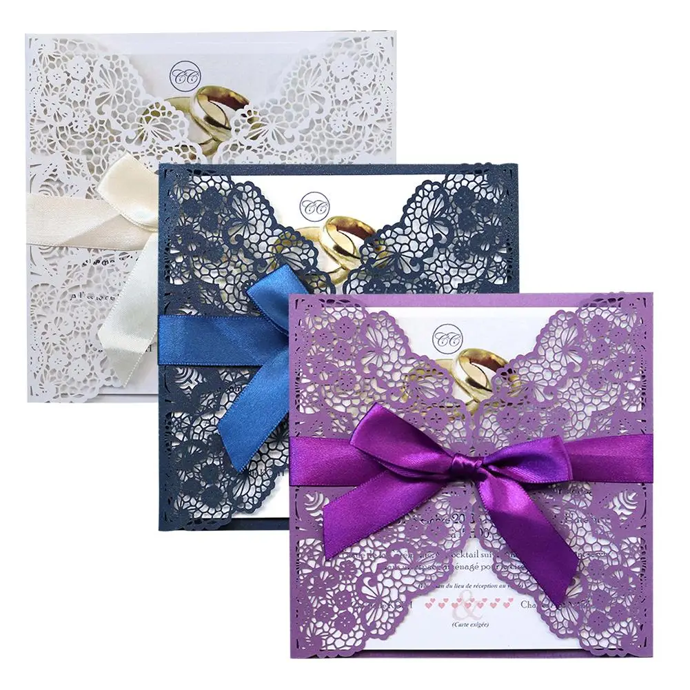  10pcs/set European Style Lace Wedding Invitations Cards Blue Color Laser Greeting Card Bowbelt Wedd - 33030498738