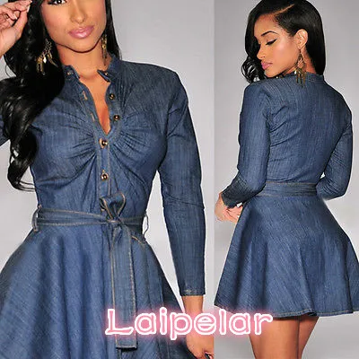 Bowknot Belt Long Sleeve Dresses Fashion Women Slim Fit Blue Denim Jean Dress Plus Size Laipelar