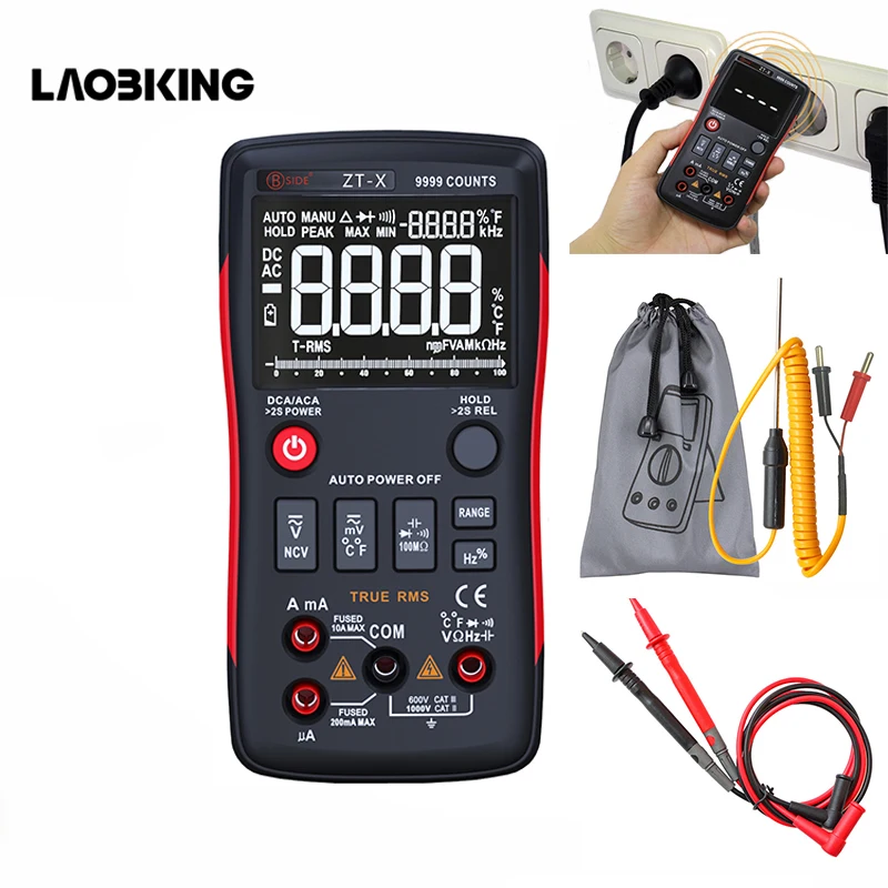 

Q1 True-RMS Digital Multimeter Auto Button 9999 Counts With Analog Bar Graph AC/DC Voltage Ammeter Current Ohm Transistor Tester